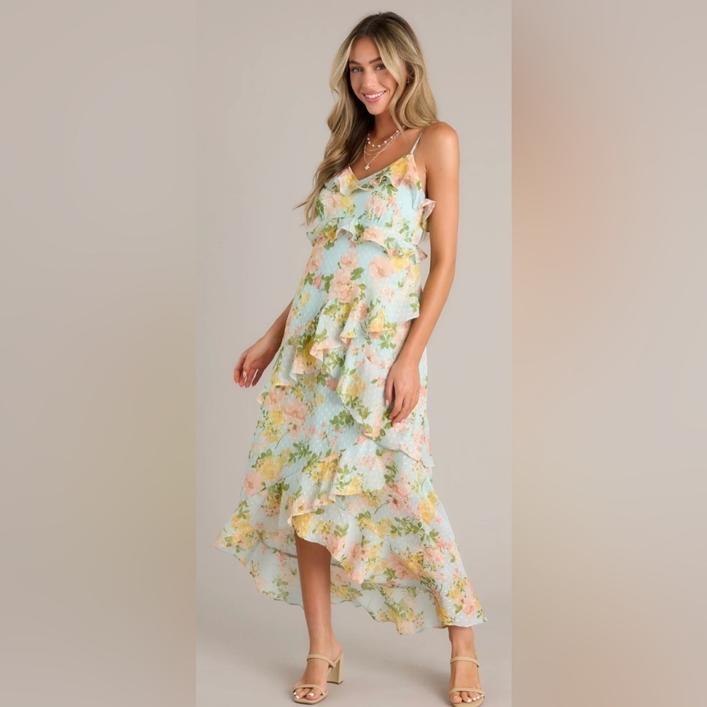 By The River Blossom In Time Blue Multi Floral Ruffle Tiered Midi Dress Size L - Picture 3 of 14